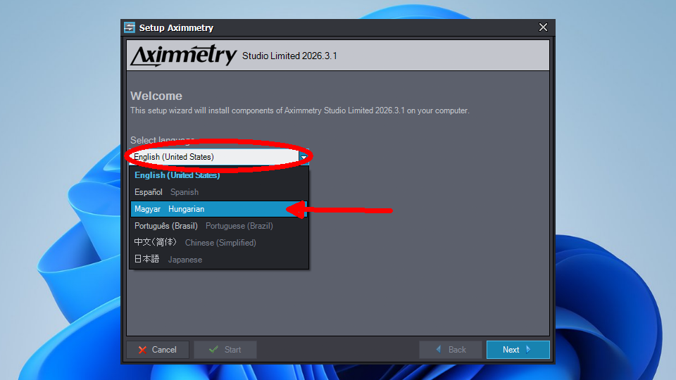 az Aximmerty Studio Limited telepítőablaka - nyelv kiválasztása 1.