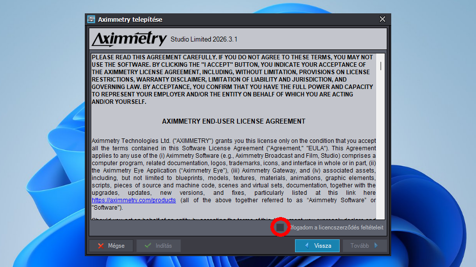 az Aximmerty Studio Limited telepítőablaka - licensz elfogadása 1.