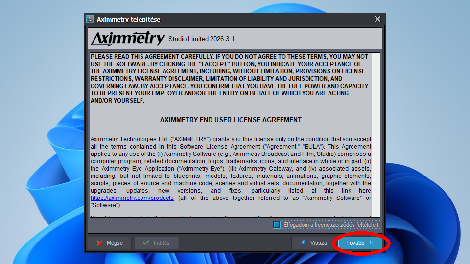 az Aximmerty Studio Limited telepítőablaka - licensz elfogadása 2.