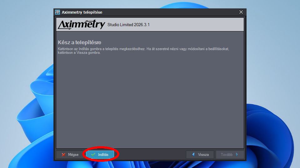 az Aximmerty Studio Limited telepítőablaka - indulhat a telepítés