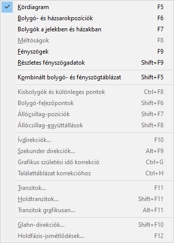 Placidus 4.5 Szabad változat - 'Táblázat' menü