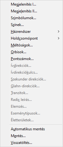 Placidus 4.5 Szabad változat - 'Opciók' menü