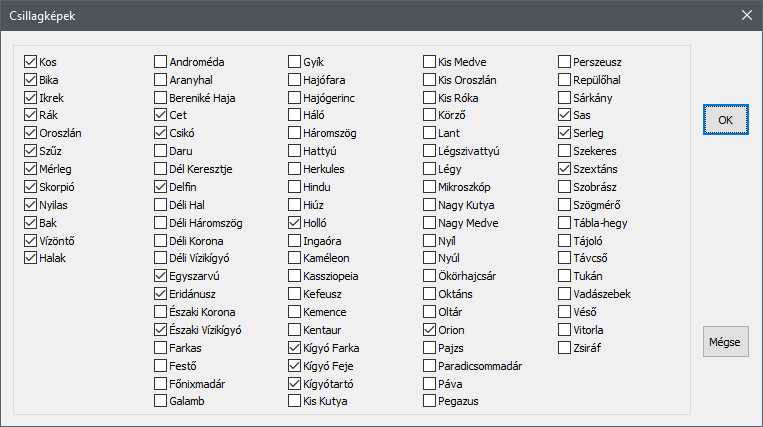 v4.6 - Opciók menü > Csillagképek panel